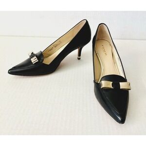Coach Zorra Black Leather Pumps Heels 6.5B Gold Bow Pointed Toe A4850